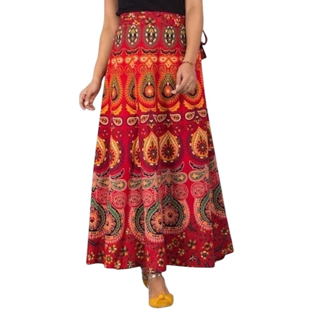 Wrap Skirt Maxi Red Hand Screened‎ Mandala Print Cotton Boho Gypsy 60's 70's New